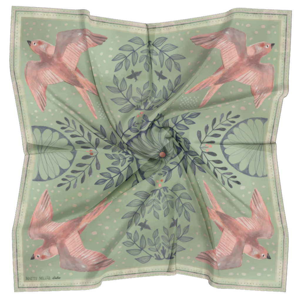 Skylark 100% silk scarf, Birds & Florals by Matty Miller, silk drape detail