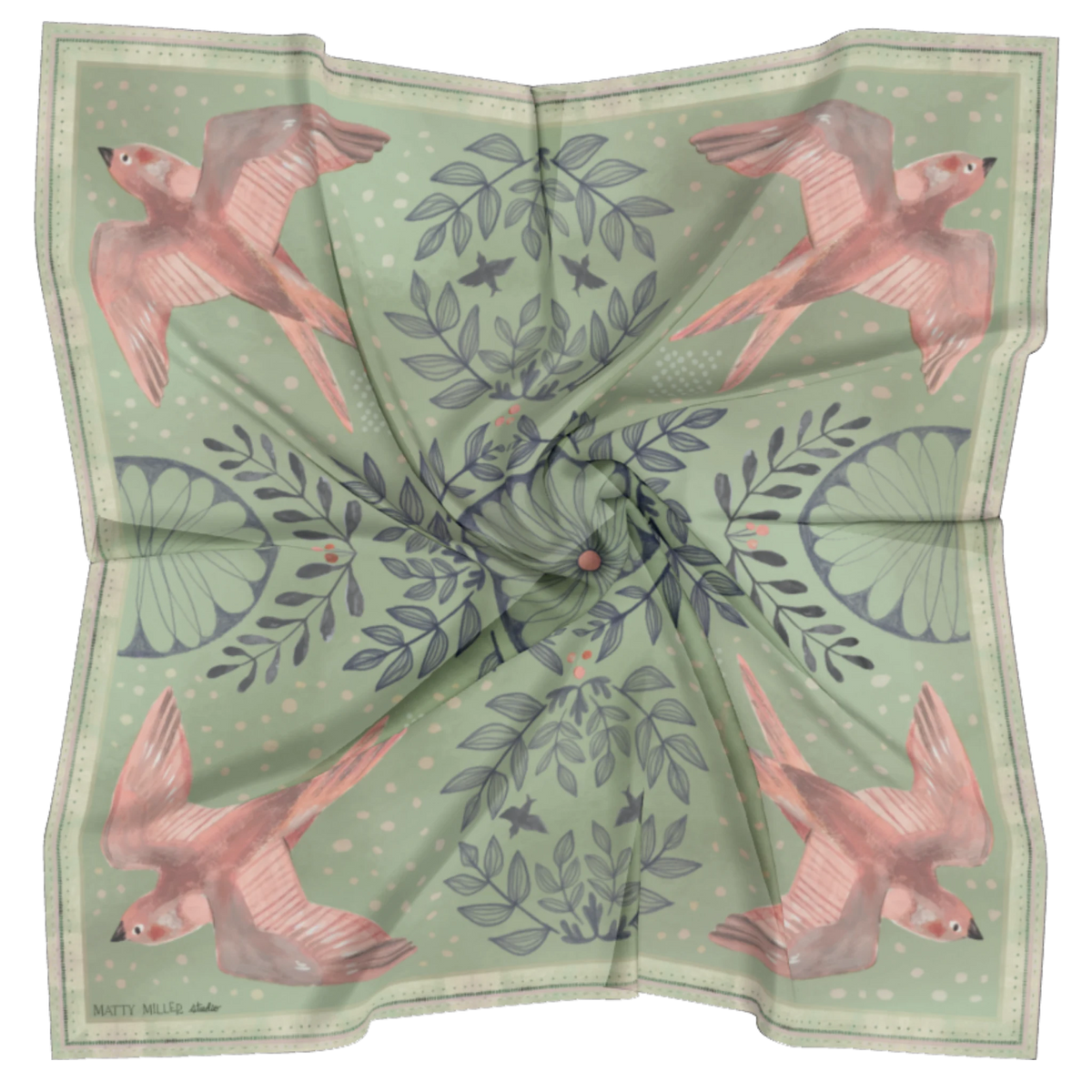 Skylark 100% silk scarf, Birds & Florals by Matty Miller, silk drape detail