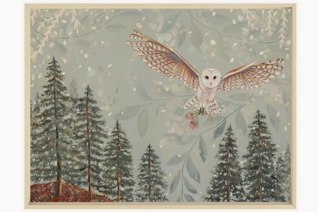 The Flower Thief, Original Owl & Pasque Flower Painting by Matty Miller