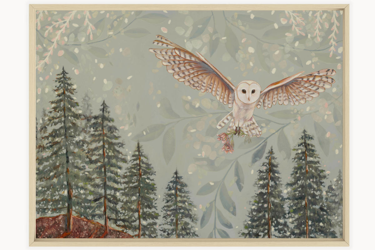 The Flower Thief, Original Owl & Pasque Flower Painting by Matty Miller