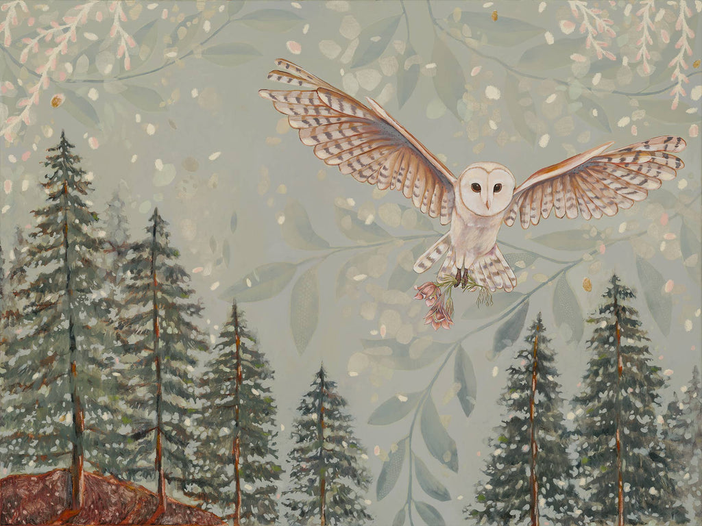 The Flower Thief, Owl & Pasque Flower Art Print by Matty Miller