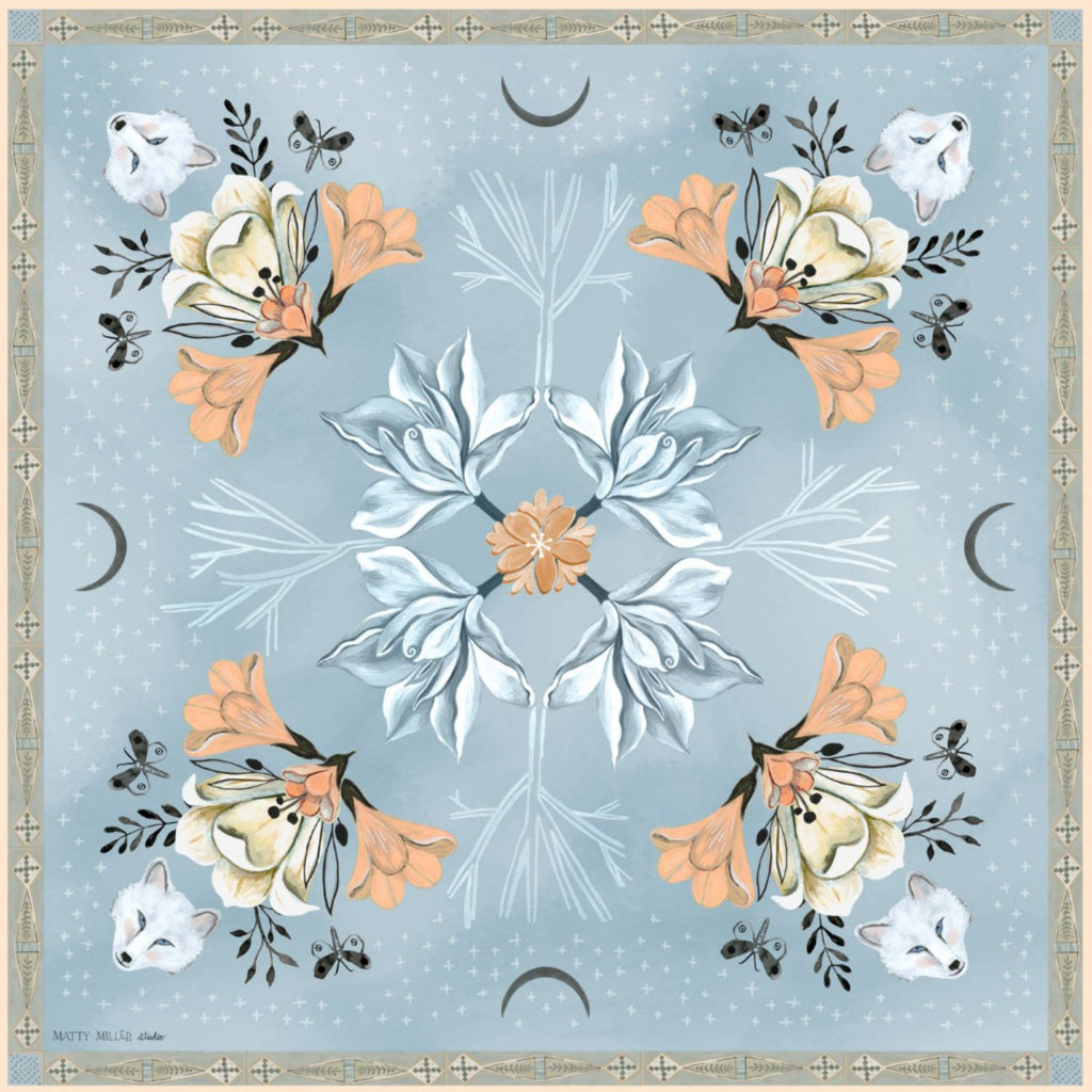 Tundra 100% silk scarf, Arctic Animal Floral Pattern by Matty Miller, full artwork
