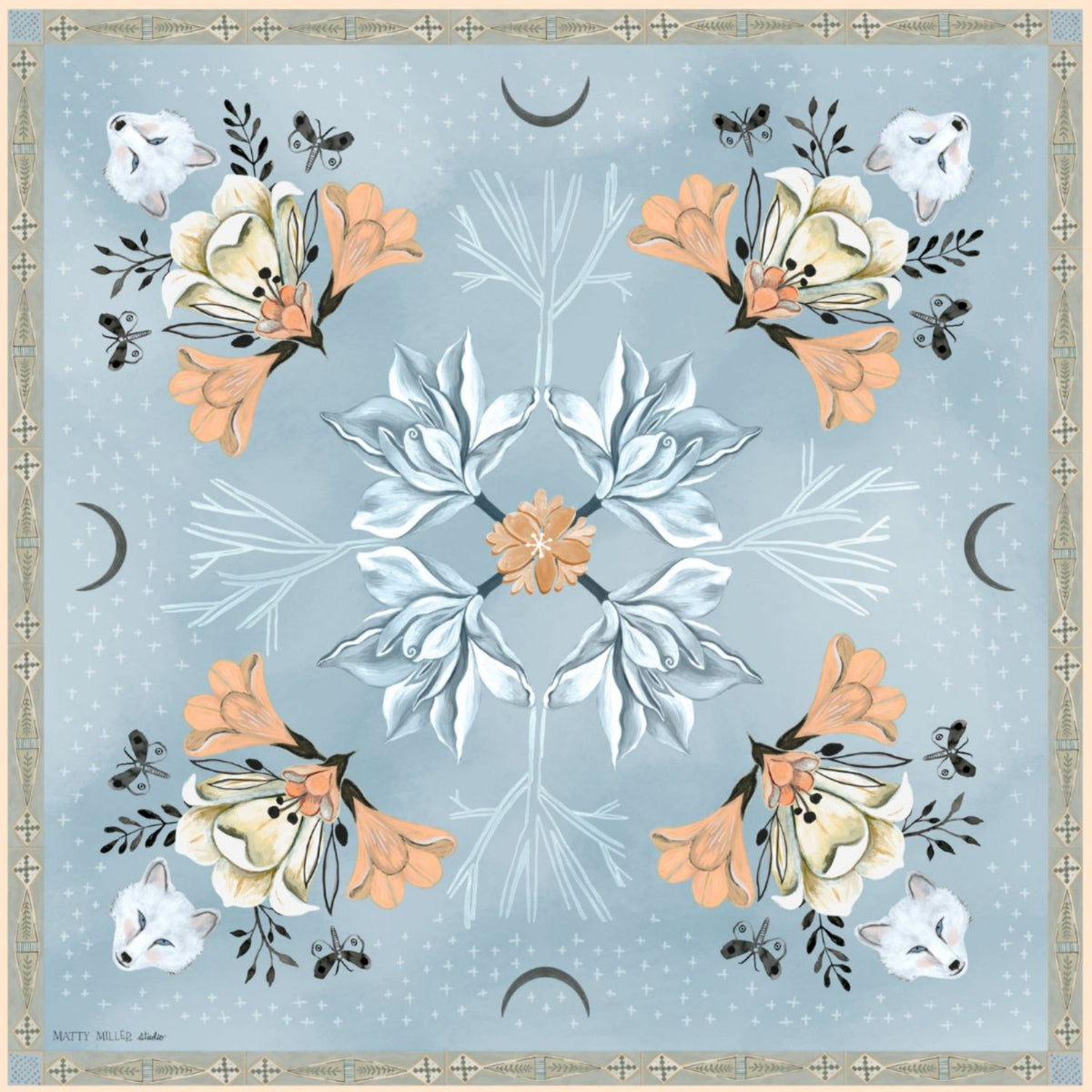 Tundra 100% silk scarf, Arctic Animal Floral Pattern by Matty Miller, full artwork