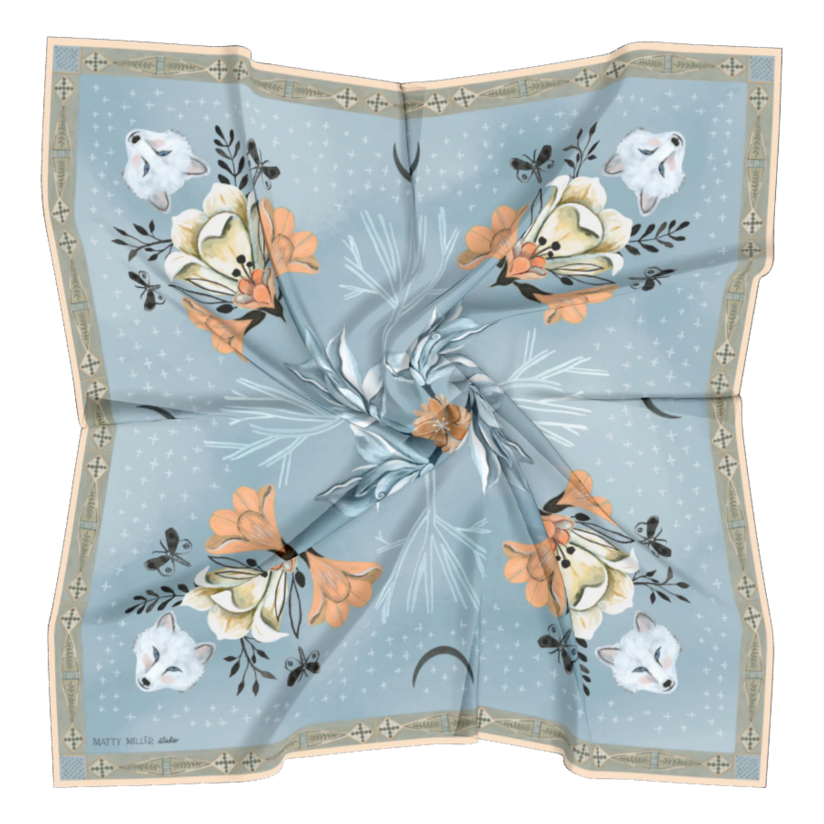 Tundra 100% silk scarf, Arctic Animal Floral Pattern by Matty Miller, silk drape detail