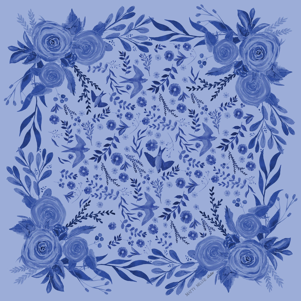 Zephyr 100% silk scarf, Blue Floral Bird Pattern by Matty Miller, full artwork