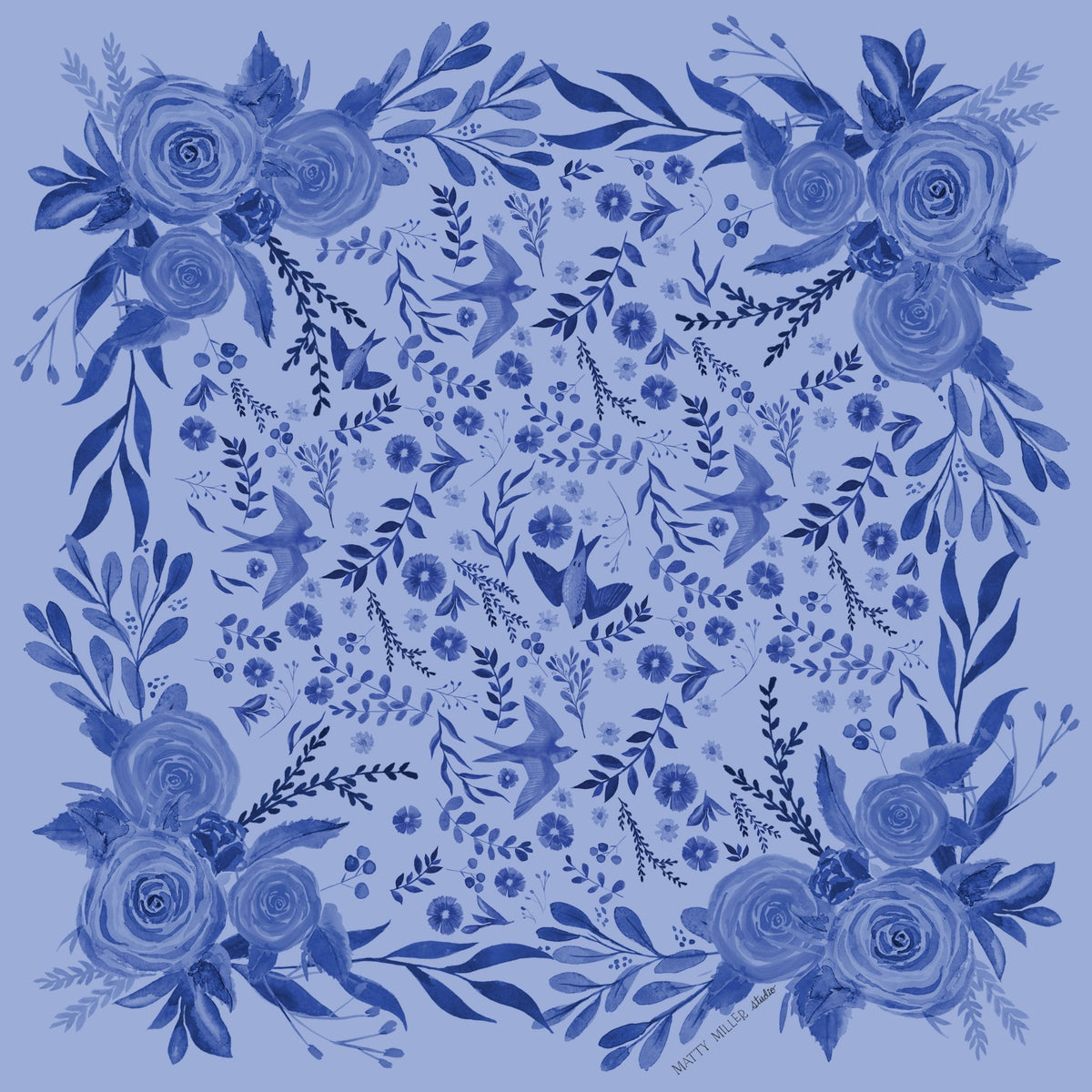 Zephyr 100% silk scarf, Blue Floral Bird Pattern by Matty Miller, full artwork