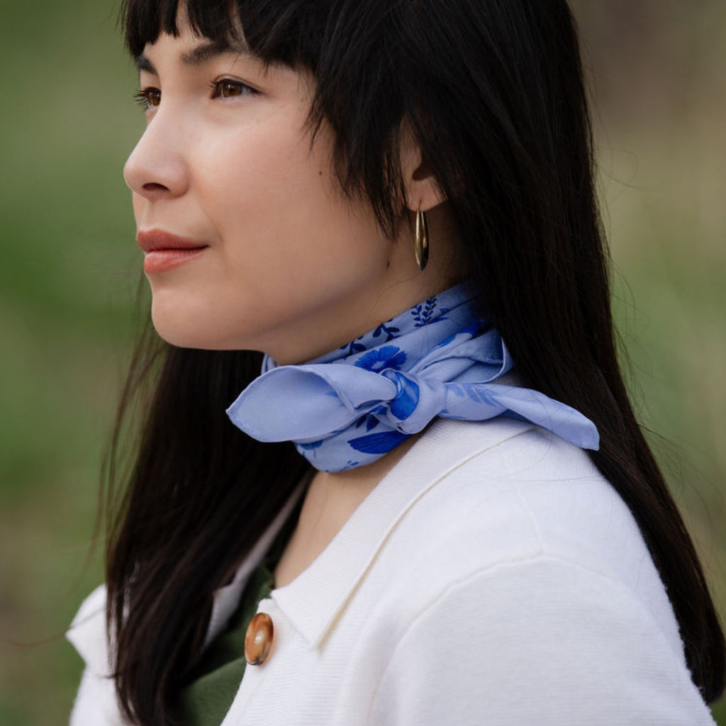 Zephyr 100% silk scarf, Blue Floral Bird Pattern by Matty Miller, worn