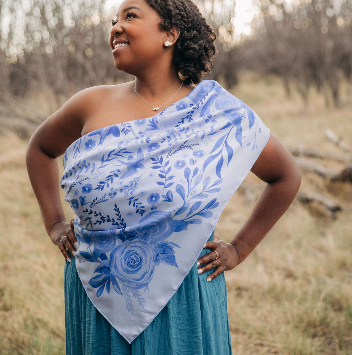 Zephyr 100% silk scarf, Blue Floral Bird Pattern by Matty Miller, worn