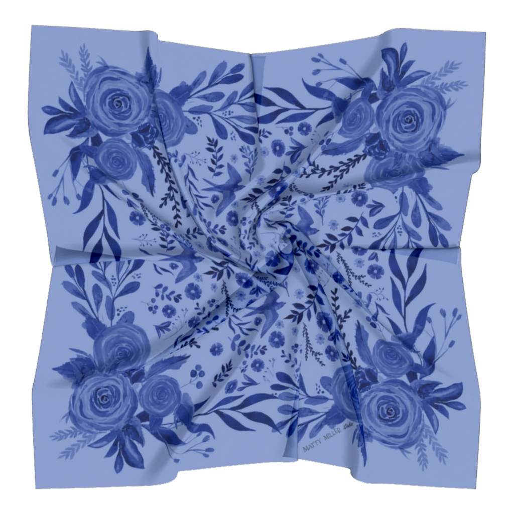Zephyr 100% silk scarf, Blue Floral Bird Pattern by Matty Miller, silk drape detail