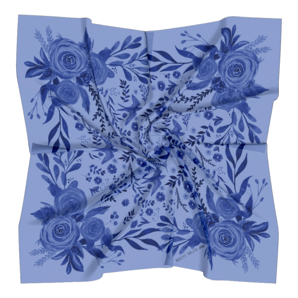 Zephyr 100% silk scarf, Blue Floral Bird Pattern by Matty Miller, silk drape detail